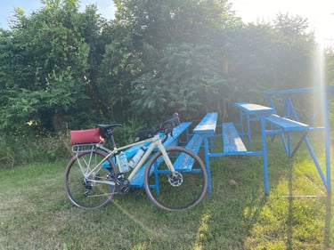 a bicycle parked on a fence