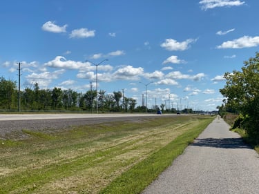 a road with grass and trees on the side