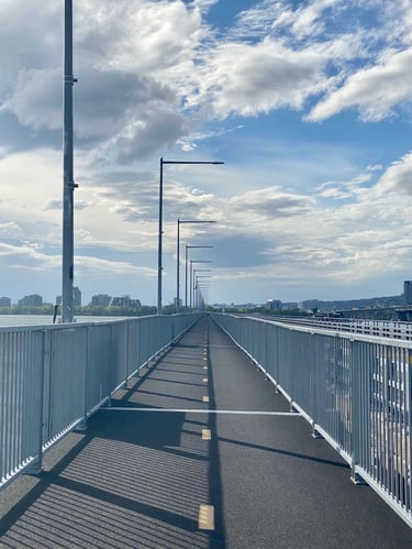 a bridge with a railing and street lights on the side